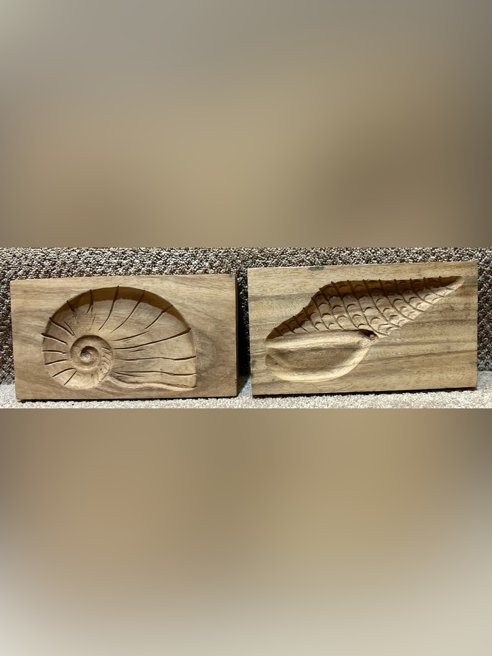 Pair 2 Japanese Kashigata Wood Carved Cake Mold Nautical Shells Sea Intricate